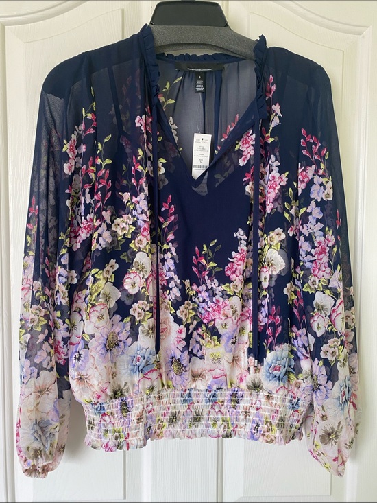 White House Black Market Tops - White House Black Market Navy Floral Sheer Blouson